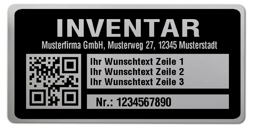 Inventaretiketten Material:Polyester-Folie Silberoptik matt Größe:68x34mm Kopfzeile:"Ihr Wunschtext" Barcode:QR Stellenanzahl:10-stellig Menge:1000