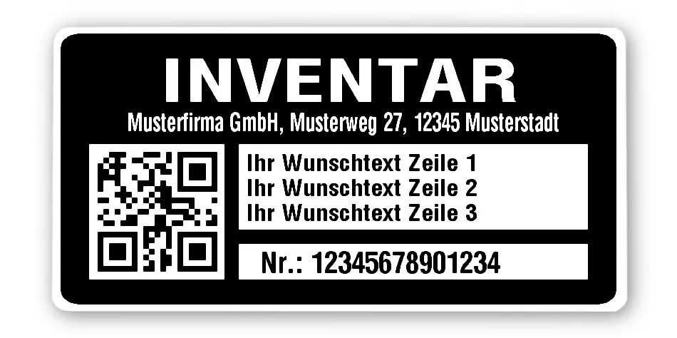 Inventaretiketten Material:Polyethylen-Folie hochglänzend weiß Größe:68x34mm Kopfzeile:"Ihr Wunschtext" Barcode:QR Stellenanzahl:14-stellig Menge:100