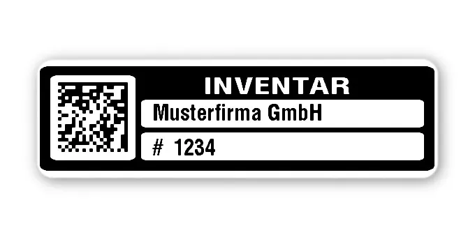 Inventaretiketten Material:Polyethylen-Folie hochglänzend weiß Größe:50x15mm Kopfzeile:"Ihr Wunschtext" Barcode:DataMatrix Stellenanzahl:4-stellig Menge:100