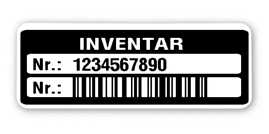 Inventaretiketten Material:Polyethylen-Folie hochglänzend weiß Größe:40x15mm Kopfzeile:"Inventar" Barcode:128C Stellenanzahl:10-stellig Menge:1000