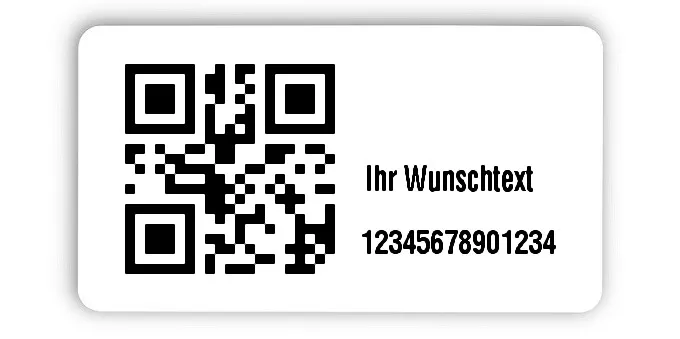 Inventaretiketten Universal Material:Polyethylen-Folie hochglänzend weiß Größe:45x25mm Kopfzeile:"Ihr Wunschtext" Barcode:QR Stellenanzahl:14-stellig Menge:1000