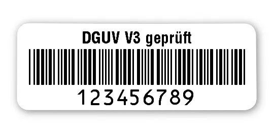 Prüfetiketten Material:Polyethylen-Folie hochglänzend weiß Größe:40x15mm Kopfzeile:"DGUV V3 geprüft" Barcode:Code 39 ohne Prüfziffer Stellenanzahl:9-stellig Ausführung:1 Etikette pro Nummer Menge:1000