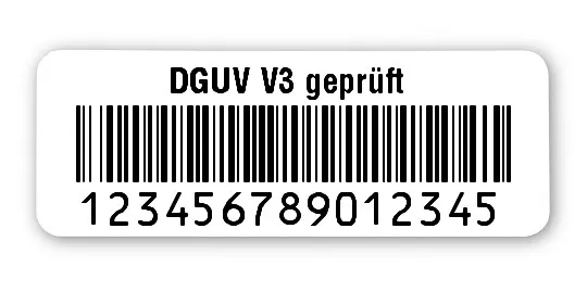 Prüfetiketten Material:Polyethylen-Folie hochglänzend weiß Größe:40x15mm Kopfzeile:"DGUV V3 geprüft" Barcode:128B Stellenanzahl:15-stellig Ausführung:1 Etikette pro Nummer Menge:500