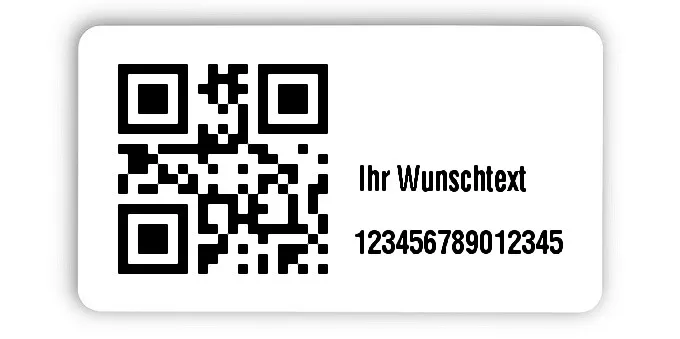 Inventaretiketten Universal Material:Polyethylen-Folie hochglänzend weiß Größe:45x25mm Kopfzeile:"Ihr Wunschtext" Barcode:QR Stellenanzahl:15-stellig Menge:500