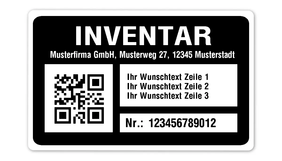 Inventaretiketten Material:Polyethylen-Folie hochglänzend weiß Größe:80x50mm Kopfzeile:"Ihr Wunschtext" Barcode:QR Stellenanzahl:12-stellig Menge:1000