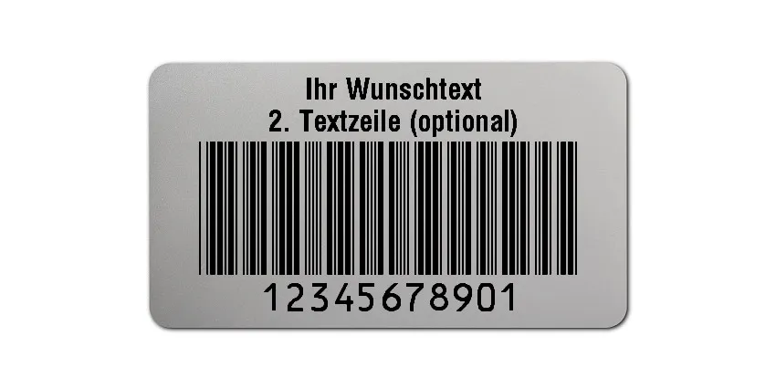 Prüfetiketten Material:Polyester-Folie Silberoptik matt Größe:45x25mm Kopfzeile:"Ihr Wunschtext" Barcode:Code 39 ohne Prüfziffer Stellenanzahl:11-stellig Ausführung:1 Etikette pro Nummer Menge:1000