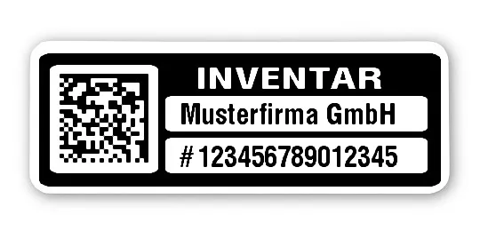 Inventaretiketten Material:Polyethylen-Folie hochglänzend weiß Größe:40x15mm Kopfzeile:"Ihr Wunschtext" Barcode:DataMatrix Stellenanzahl:15-stellig Menge:500