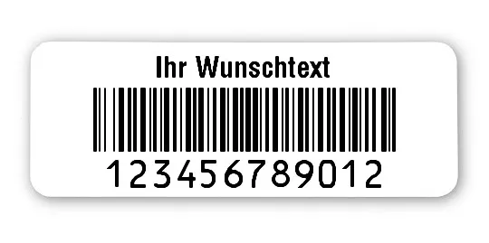 Prüfetiketten Material:Polyethylen-Folie hochglänzend weiß Größe:40x15mm Kopfzeile:"Ihr Wunschtext" Barcode:128B Stellenanzahl:12-stellig Ausführung:1 Etikette pro Nummer Menge:1000