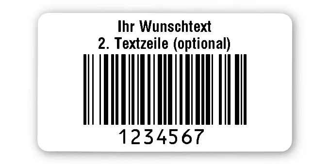 Prüfetiketten Material:Polyethylen-Folie hochglänzend weiß Größe:45x25mm Kopfzeile:"Ihr Wunschtext" Barcode:128B Stellenanzahl:7-stellig Ausführung:1 Etikette pro Nummer Menge:500