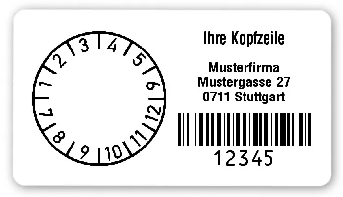 Prüfplakettenträger Material:Polyethylen-Folie hochglänzend weiß Größe:54x30mm Kopfzeile:"Ihr Wunschtext" Barcode:128B Stellenanzahl:5-stellig Ausführung:1 Etikette pro Nummer Menge:300