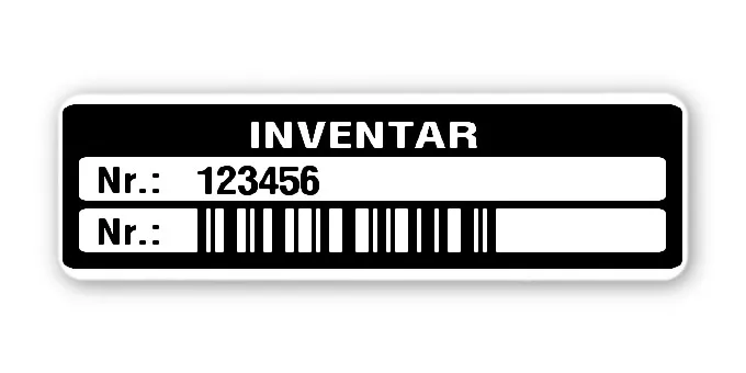Inventaretiketten Material:Polyethylen-Folie hochglänzend weiß Größe:50x15mm Kopfzeile:"Inventar" Barcode:128C Stellenanzahl:6-stellig Menge:100