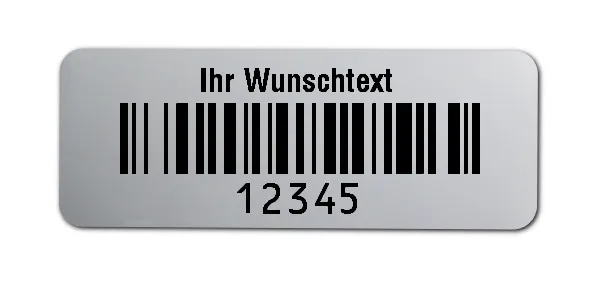 Prüfetiketten Material:Polyester-Folie Silberoptik matt Größe:40x15mm Kopfzeile:"Ihr Wunschtext" Barcode:128B Stellenanzahl:5-stellig Ausführung:1 Etikette pro Nummer Menge:500