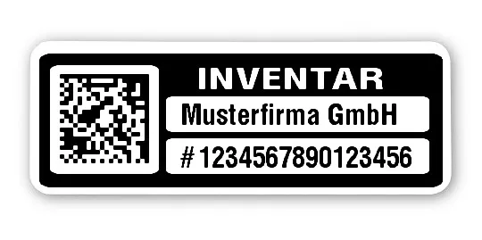 Inventaretiketten Material:Polyethylen-Folie hochglänzend weiß Größe:40x15mm Kopfzeile:"Ihr Wunschtext" Barcode:DataMatrix Stellenanzahl:16-stellig Menge:100