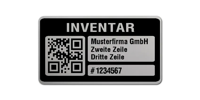 Inventaretiketten Material:Polyester-Folie Silberoptik matt Größe:45x25mm Kopfzeile:"Ihr Wunschtext" Barcode:QR Stellenanzahl:7-stellig Menge:1000