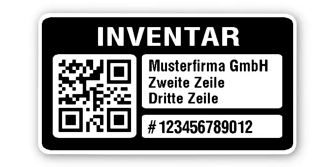 Inventaretiketten Material:Polyethylen-Folie hochglänzend weiß Größe:45x25mm Kopfzeile:"Ihr Wunschtext" Barcode:QR Stellenanzahl:12-stellig Menge:1000