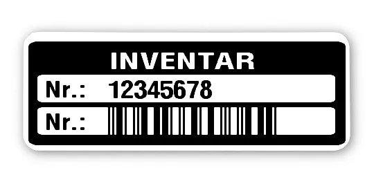 Inventaretiketten Material:Polyethylen-Folie hochglänzend weiß Größe:40x15mm Kopfzeile:"Inventar" Barcode:2a5 interleaved Stellenanzahl:8-stellig Menge:500