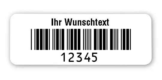 Prüfetiketten Material:Polyethylen-Folie hochglänzend weiß Größe:40x15mm Kopfzeile:"Ihr Wunschtext" Barcode:Code 39 ohne Prüfziffer Stellenanzahl:5-stellig Ausführung:1 Etikette pro Nummer Menge:500
