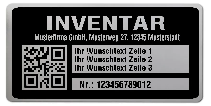 Inventaretiketten Material:Polyester-Folie Silberoptik matt Größe:68x34mm Kopfzeile:"Ihr Wunschtext" Barcode:QR Stellenanzahl:12-stellig Menge:100