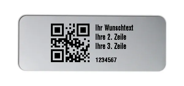 Universaletiketten Material:Polyester-Folie Silberoptik matt Größe:40x15mm Kopfzeile:"Ihr Wunschtext" Barcode:QR Stellenanzahl:7-stellig Ausführung:1 Etikette pro Nummer Menge:1000