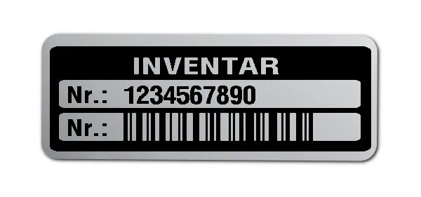 Inventaretiketten Material:Polyester-Folie Silberoptik matt Größe:40x15mm Kopfzeile:"Inventar" Barcode:128C Stellenanzahl:10-stellig Menge:100