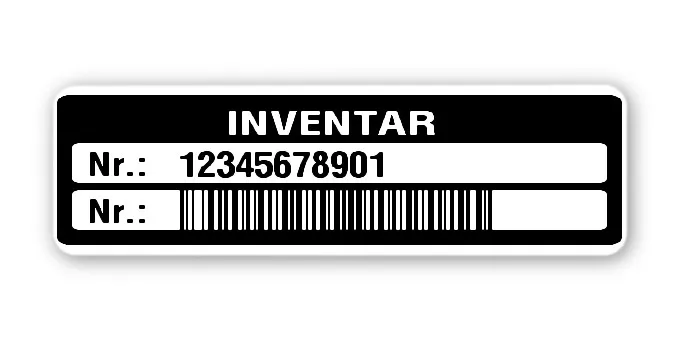 Inventaretiketten Material:Polyethylen-Folie hochglänzend weiß Größe:50x15mm Kopfzeile:"Inventar" Barcode:128B Stellenanzahl:11-stellig Menge:500