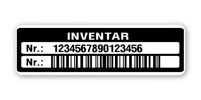 Inventaretiketten Material:Polyethylen-Folie hochglänzend weiß Größe:50x15mm Kopfzeile:"Inventar" Barcode:128C Stellenanzahl:16-stellig Menge:500