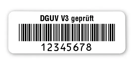 Prüfetiketten Material:Polyethylen-Folie hochglänzend weiß Größe:40x15mm Kopfzeile:"DGUV V3 geprüft" Barcode:Code 39 ohne Prüfziffer Stellenanzahl:8-stellig Ausführung:1 Etikette pro Nummer Menge:1000