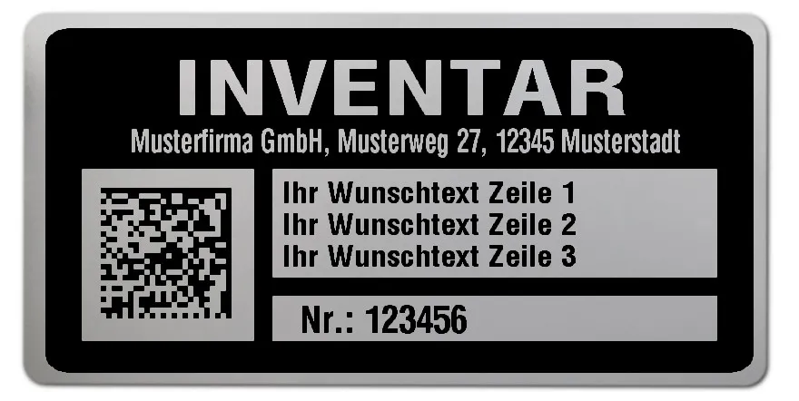 Inventaretiketten Material:Polyester-Folie Silberoptik matt Größe:68x34mm Kopfzeile:"Ihr Wunschtext" Barcode:DataMatrix Stellenanzahl:6-stellig Menge:500