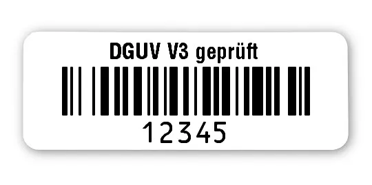Prüfetiketten Material:Polyethylen-Folie hochglänzend weiß Größe:40x15mm Kopfzeile:"DGUV V3 geprüft" Barcode:128B Stellenanzahl:5-stellig Ausführung:1 Etikette pro Nummer Menge:500