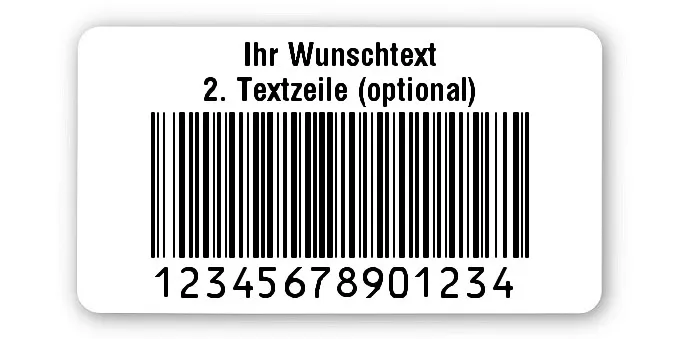 Prüfetiketten Material:Polyethylen-Folie hochglänzend weiß Größe:45x25mm Kopfzeile:"Ihr Wunschtext" Barcode:128B Stellenanzahl:14-stellig Ausführung:1 Etikette pro Nummer Menge:1000