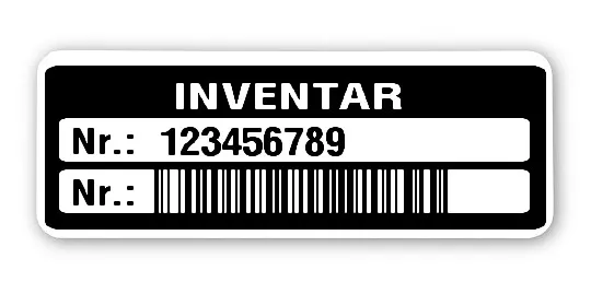 Inventaretiketten Material:Polyethylen-Folie hochglänzend weiß Größe:40x15mm Kopfzeile:"Inventar" Barcode:128B Stellenanzahl:9-stellig Menge:1000