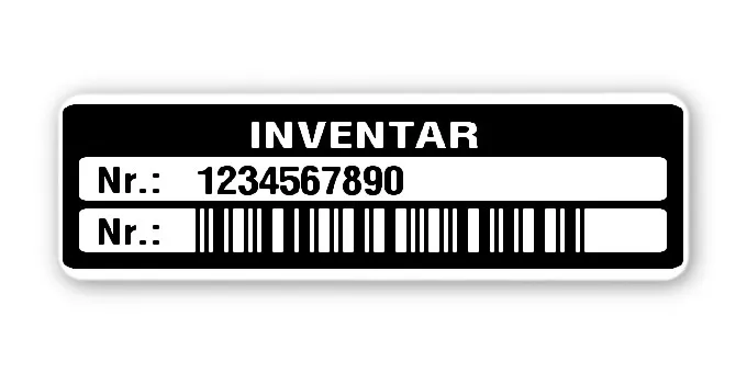 Inventaretiketten Material:Polyethylen-Folie hochglänzend weiß Größe:50x15mm Kopfzeile:"Inventar" Barcode:2a5 interleaved Stellenanzahl:10-stellig Menge:100