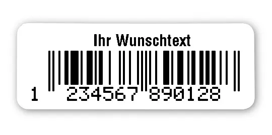 EAN Gutschein Etiketten Material:Polyethylen-Folie hochglänzend weiß Größe:40x15mm Kopfzeile:"Ihr Wunschtext" Barcode:EAN 13 Stellenanzahl:13-stellig Menge:500