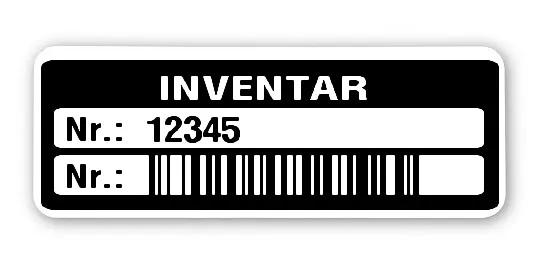 Inventaretiketten Material:Polyethylen-Folie hochglänzend weiß Größe:40x15mm Kopfzeile:"Inventar" Barcode:128B Stellenanzahl:5-stellig Menge:1000