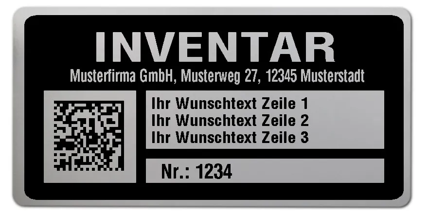Inventaretiketten Material:Polyester-Folie Silberoptik matt Größe:68x34mm Kopfzeile:"Ihr Wunschtext" Barcode:DataMatrix Stellenanzahl:4-stellig Menge:100