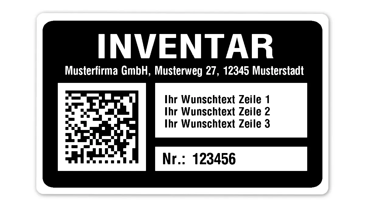 Inventaretiketten Material:Polyethylen-Folie hochglänzend weiß Größe:80x50mm Kopfzeile:"Ihr Wunschtext" Barcode:DataMatrix Stellenanzahl:6-stellig Menge:100