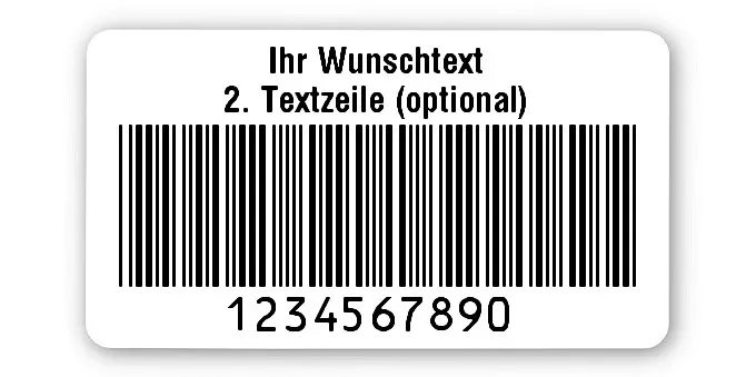 Prüfetiketten Material:Polyethylen-Folie hochglänzend weiß Größe:45x25mm Kopfzeile:"Ihr Wunschtext" Barcode:Code 39 ohne Prüfziffer Stellenanzahl:10-stellig Ausführung:1 Etikette pro Nummer Menge:500