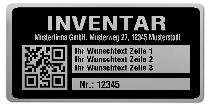 Inventaretiketten Material:Polyester-Folie Silberoptik matt Größe:68x34mm Kopfzeile:"Ihr Wunschtext" Barcode:QR Stellenanzahl:5-stellig Menge:500