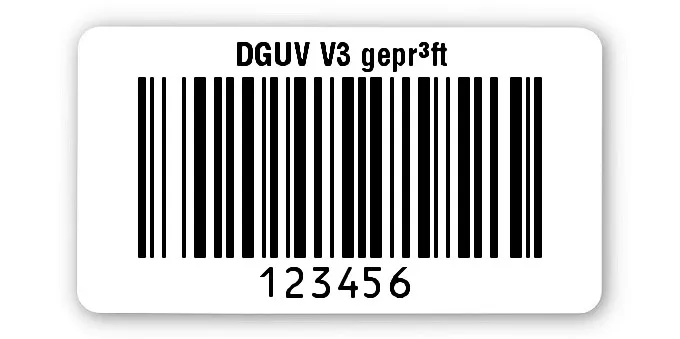 Prüfetiketten Material:Polyethylen-Folie hochglänzend weiß Größe:45x25mm Kopfzeile:"DGUV V3 geprüft" Barcode:128B Stellenanzahl:6-stellig Ausführung:1 Etikette pro Nummer Menge:1000