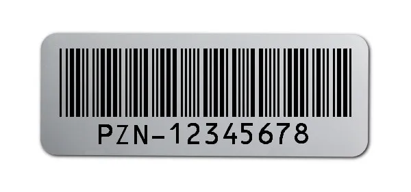 PZN Etiketten Material:Polyester-Folie Silberoptik matt Größe:40x15mm Kopfzeile:"ohne" Barcode:PZN-8 Stellenanzahl:9-stellig Sonderetikett:Uncodierter Präfix Menge:500