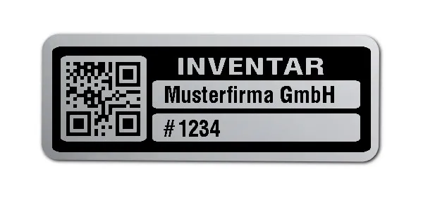 Inventaretiketten Material:Polyester-Folie Silberoptik matt Größe:40x15mm Kopfzeile:"Ihr Wunschtext" Barcode:QR Stellenanzahl:4-stellig Menge:1000