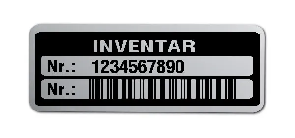 Inventaretiketten Material:Polyester-Folie Silberoptik matt Größe:40x15mm Kopfzeile:"Inventar" Barcode:2a5 interleaved Stellenanzahl:10-stellig Menge:500