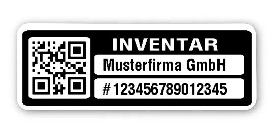 Inventaretiketten Material:Polyethylen-Folie hochglänzend weiß Größe:40x15mm Kopfzeile:"Ihr Wunschtext" Barcode:QR Stellenanzahl:15-stellig Menge:500
