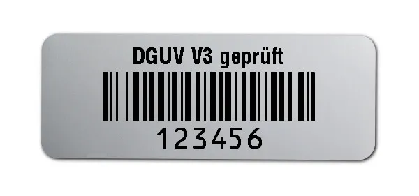Prüfetiketten Material:Polyester-Folie Silberoptik matt Größe:40x15mm Kopfzeile:"DGUV V3 geprüft" Barcode:128B Stellenanzahl:6-stellig Ausführung:1 Etikette pro Nummer Menge:1000