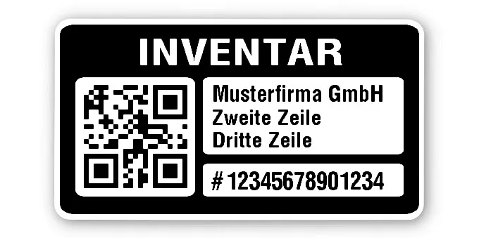 Inventaretiketten Material:Polyethylen-Folie hochglänzend weiß Größe:45x25mm Kopfzeile:"Ihr Wunschtext" Barcode:QR Stellenanzahl:14-stellig Menge:1000