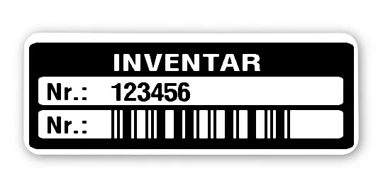 Inventaretiketten Material:Polyethylen-Folie hochglänzend weiß Größe:40x15mm Kopfzeile:"Inventar" Barcode:2a5 interleaved Stellenanzahl:6-stellig Menge:100