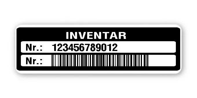 Inventaretiketten Material:Polyethylen-Folie hochglänzend weiß Größe:50x15mm Kopfzeile:"Inventar" Barcode:128B Stellenanzahl:12-stellig Menge:100