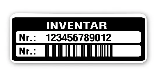 Inventaretiketten Material:Polyethylen-Folie hochglänzend weiß Größe:40x15mm Kopfzeile:"Inventar" Barcode:2a5 interleaved Stellenanzahl:12-stellig Menge:500