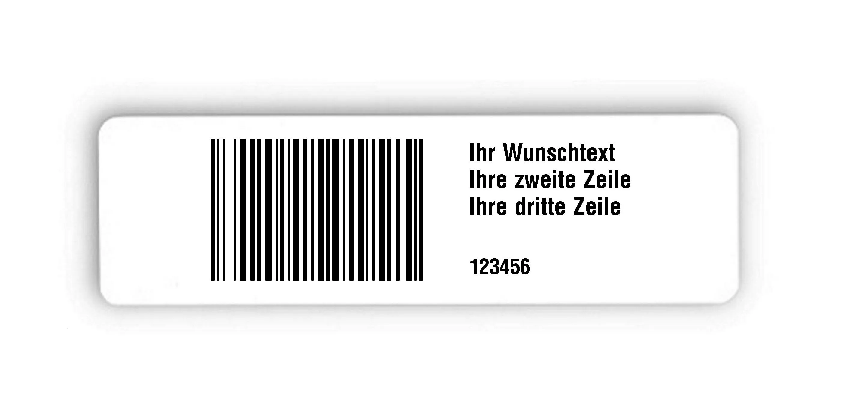 Universaletiketten Material:Folie hochglänzend weiß Größe:150x50mm Kopfzeile:"Ihr Wunschtext" Barcode:128B Stellenanzahl:6-stellig Ausführung:4 Etiketten pro Nummer Menge:1000