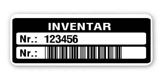 Inventaretiketten Material:Polyethylen-Folie hochglänzend weiß Größe:40x15mm Kopfzeile:"Inventar" Barcode:Code 39 ohne Prüfziffer Stellenanzahl:6-stellig Menge:1000